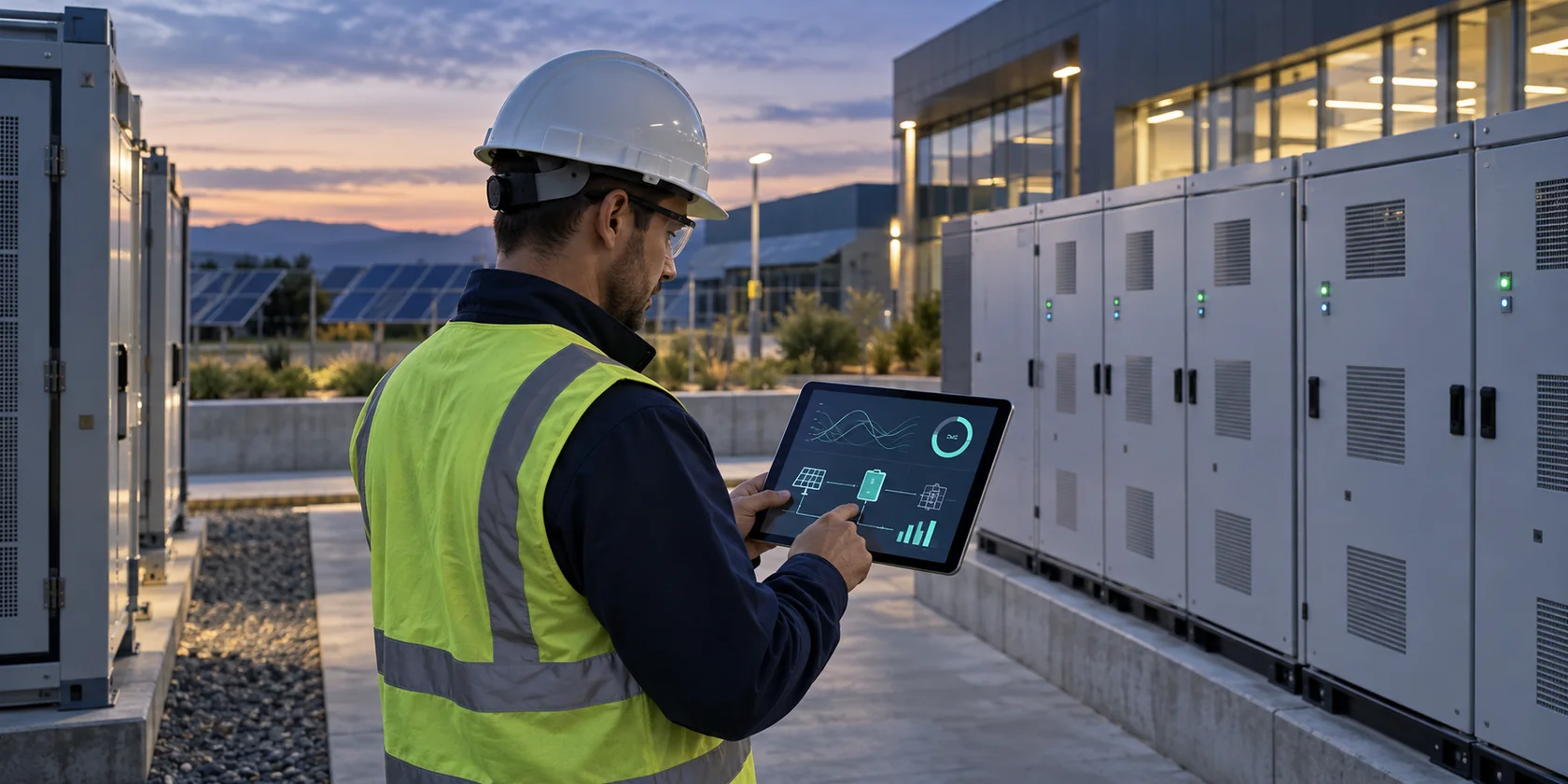 Engenheiro monitorando um sistema BESS por meio de um painel digital