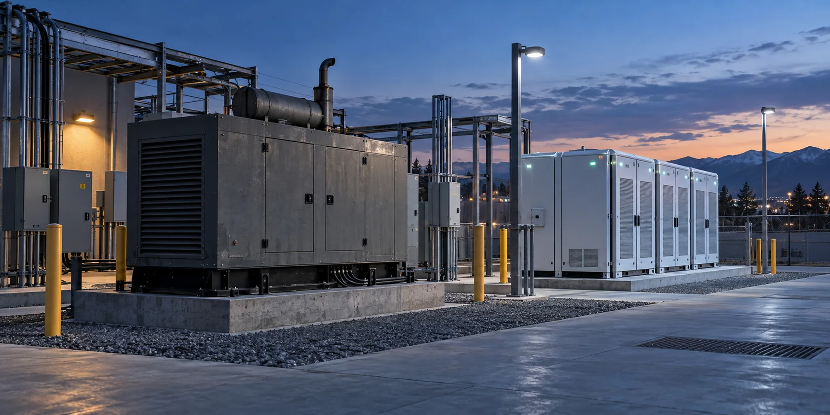 Gerador convencional e sistema BESS instalados lado a lado em uma planta industrial